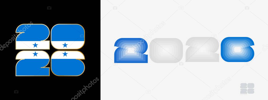 Year 2026 with flag of Honduras and in color palate of Honduras flag. Happy New Year 2026 in two different style.