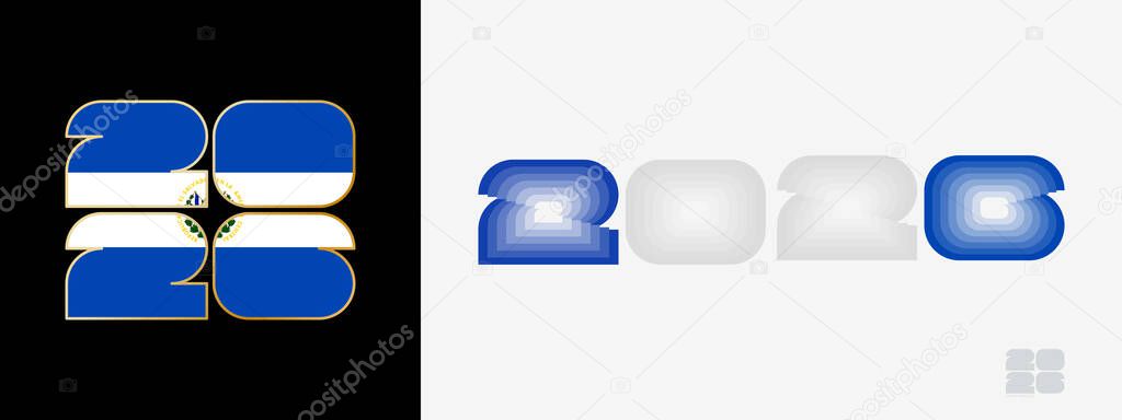 Year 2026 with flag of El Salvador and in color palate of El Salvador flag. Happy New Year 2026 in two different style.