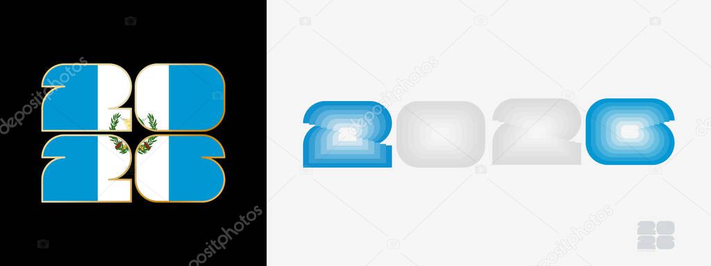Year 2026 with flag of Guatemala and in color palate of Guatemala flag. Happy New Year 2026 in two different style.