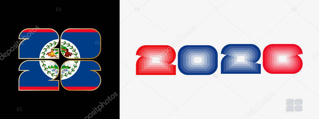 Year 2026 with flag of Belize and in color palate of Belize flag. Happy New Year 2026 in two different style.