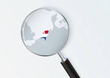 Ulusal Bayrak Üstüste Büyüteç Altında Hollanda Haritası.