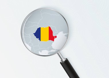 Romanya Haritası Ulusal Bayrak Kaplamalı Büyüteç Altında.