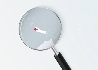 Ulusal Bayrak Kaplamalı Büyüteç Altında Nepal Haritası.