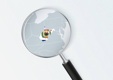 Ulusal Bayrak Kaplamalı Büyüteç Altında Batı Virginia Haritası.