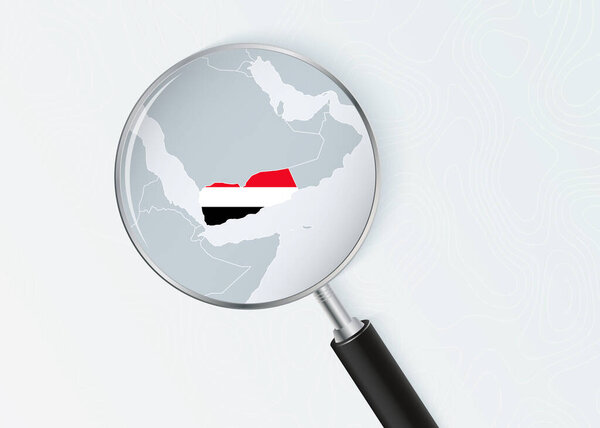 Карта Йемена под увеличительным стеклом с наложением государственного флага.