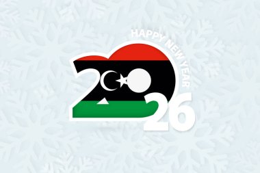 Libya için kar tanesi arkaplanında 2026 Yeni Yılı.