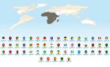 Afrika Ülke Pin Bayraklarıyla Dünya Haritaları.