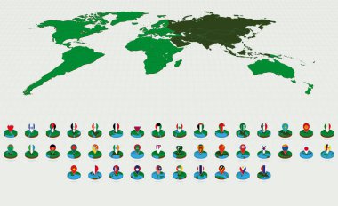 Alfabetik olarak sıralanmış Asya Haritaları, Bayraklı Isometric Yuvarlak Tasarım.
