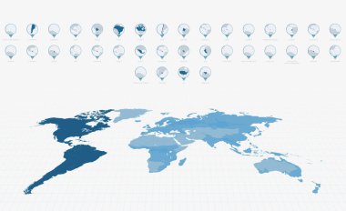 Detaylı Amerikan Ülkeleri Haritası Haritalı Harita İğneleri. Ayrıntılı Mavi Dünya Haritası Arkaplanı