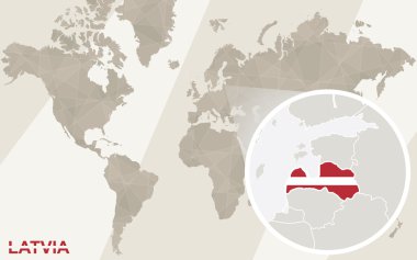 Letonya Haritası ve bayrağı üzerinde yakınlaştırma. Dünya Haritası.