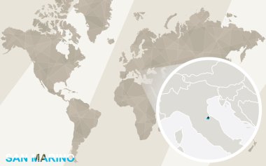 San Marino Haritası ve bayrağı üzerinde yakınlaştırma. Dünya Haritası.