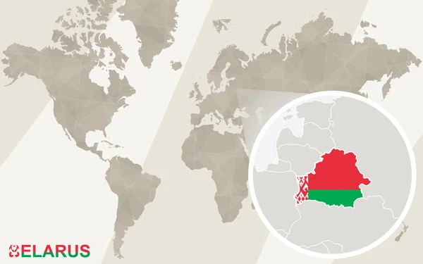Zoom op Wit-Rusland kaart en vlag. Kaart van de wereld. — Stockvector