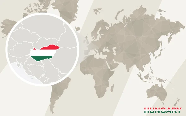 Zoom sur la carte et le drapeau hongrois. Carte du monde . — Image vectorielle