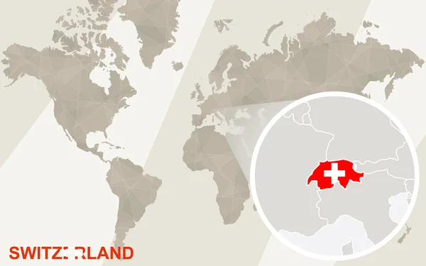 Zoom no Mapa e Bandeira da Suíça. Mapa do Mundo . — Vetor de Stock