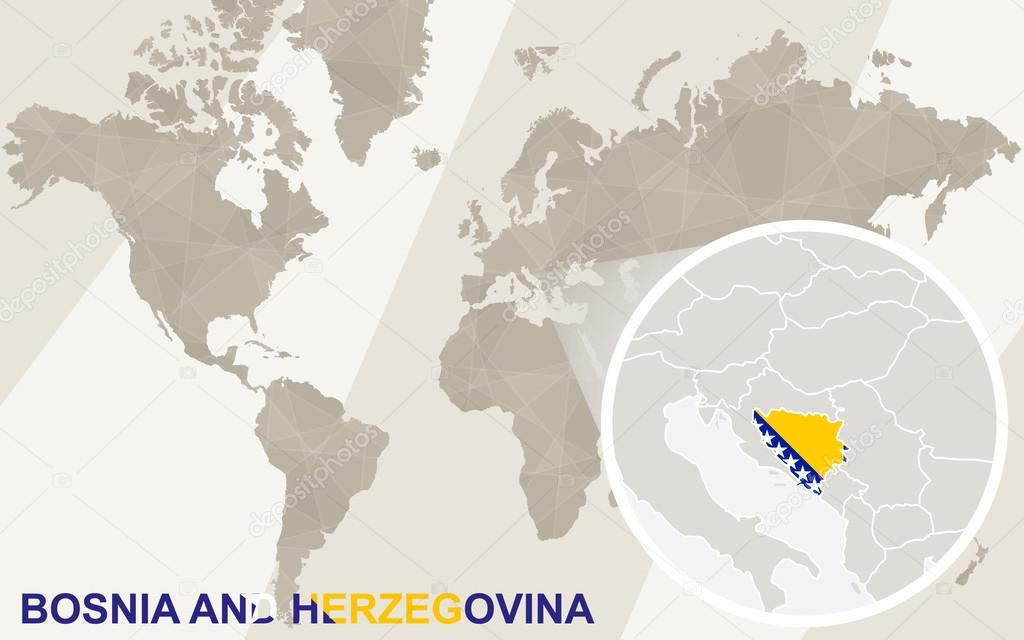 Zoom on Bosnia and Herzegovina Map and Flag. World Map.