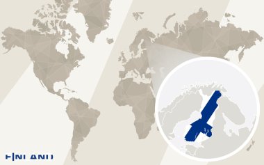 Finlandiya Haritası ve bayrağı üzerinde yakınlaştırma. Dünya Haritası.