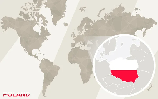 Zvětšit mapu Polska a vlajky. Mapa světa. — Stockový vektor