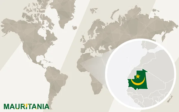 Zoom sur la carte et le drapeau de Mauritanie. Carte du monde . — Image vectorielle