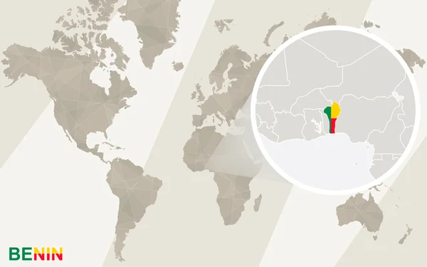 Zoom en Mapa y Bandera de Benín. Mapa del mundo . — Archivo Imágenes Vectoriales
