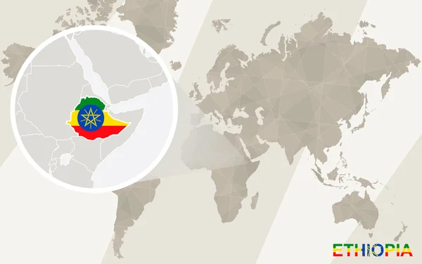 Zoom sur la carte et le drapeau éthiopiens. Carte du monde . — Image vectorielle