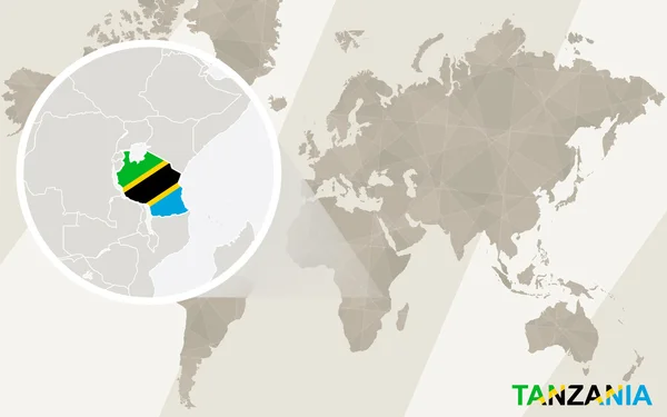 Zoom na mapie Tanzanii i flaga. Mapa świata. — Wektor stockowy