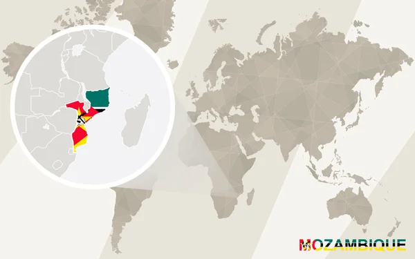 Zoom no Mapa e Bandeira de Moçambique. Mapa do Mundo . — Vetor de Stock