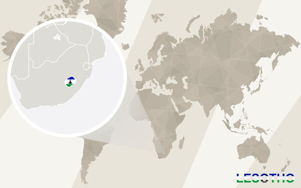 Zoom on Lesotho Map and Flag. World Map.