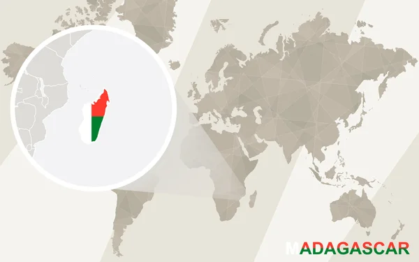 Zoom op Madagaskar kaart en vlag. Kaart van de wereld. — Stockvector