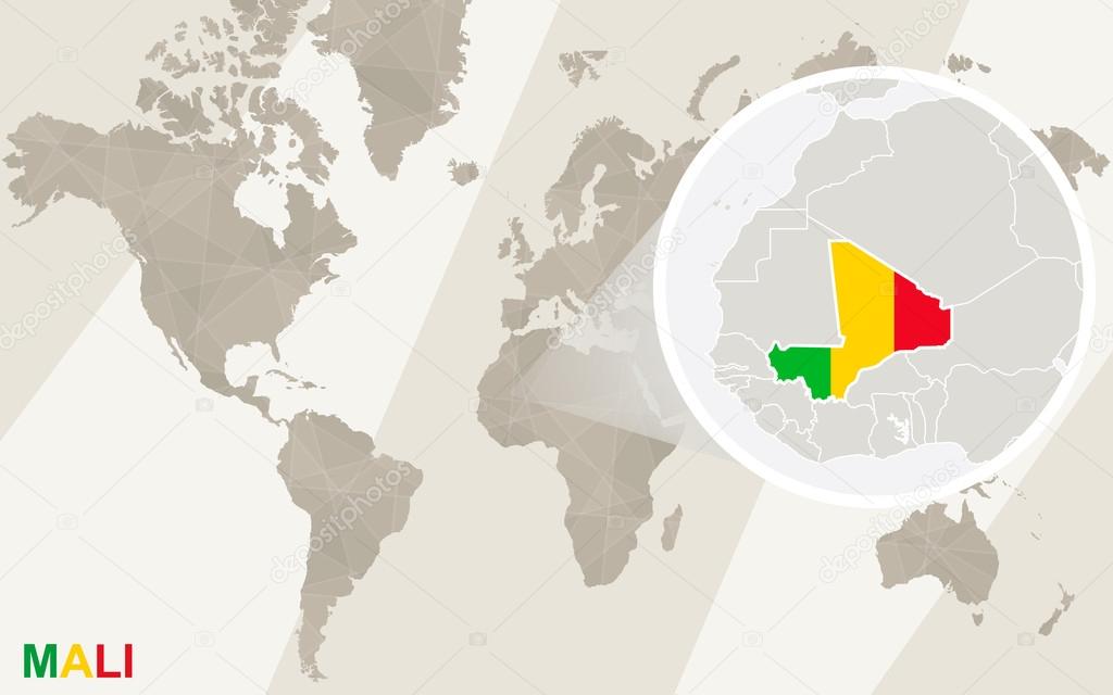 Zoom on Mali Map and Flag. World Map.