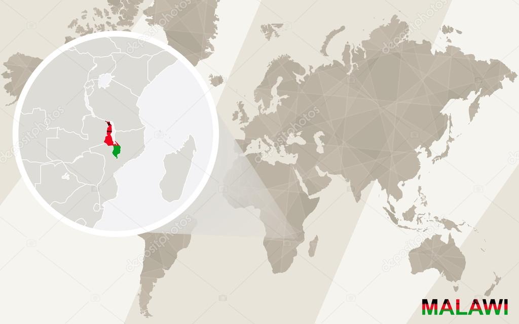 Zoom on Malawi Map and Flag. World Map.