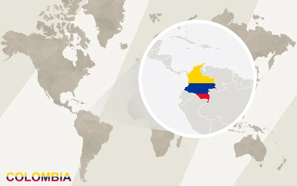 Zoom en Mapa y Bandera de Colombia. Mapa del mundo . — Vector de stock