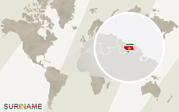 Surinam Haritası ve bayrağı üzerinde yakınlaştırma. Dünya Haritası. — Stok Vektör