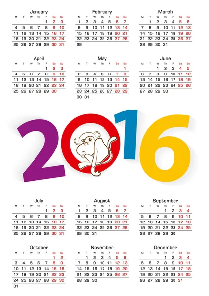 Календарь 2016, Год обезьяны. Начало недели с понедельника . — стоковый вектор