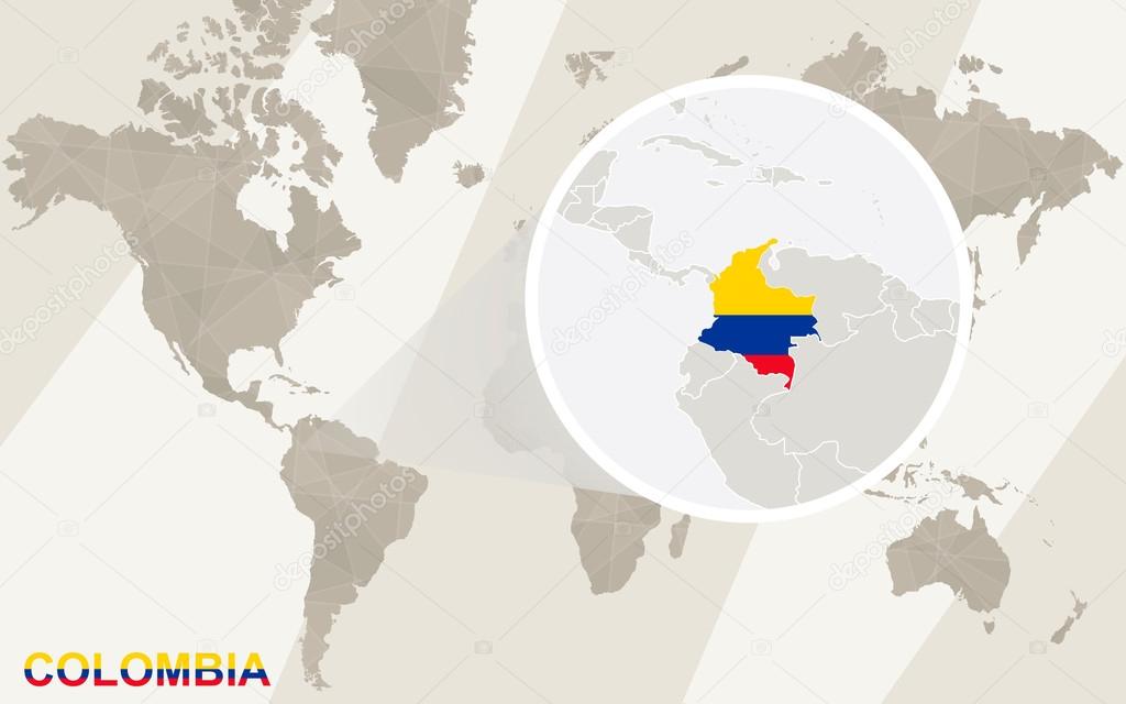 Zoom on Colombia Map and Flag. World Map.