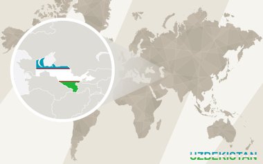 Özbekistan harita ve bayrağı üzerinde yakınlaştırma. Dünya Haritası.