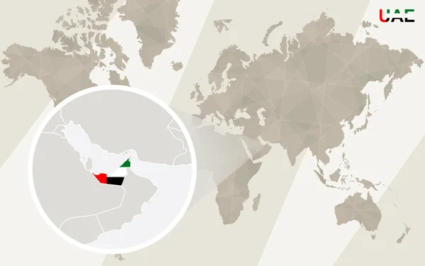 Zoom en el mapa y la bandera de los Emiratos Árabes Unidos. Mapa del mundo . — Vector de stock