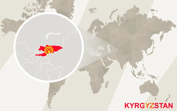 Zoom na mapa Kyrgyzstánu a vlajku. Mapa světa. — Stockový vektor