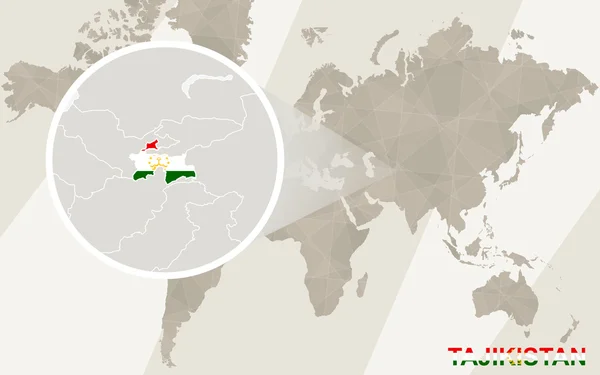 Zoom en Mapa y Bandera de Tayikistán. Mapa del mundo . — Vector de stock