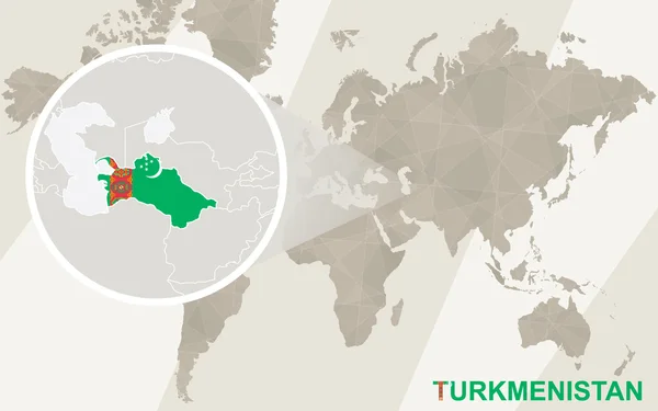 Zoom na mapie Turkmenistanu i flaga. Mapa świata. — Wektor stockowy