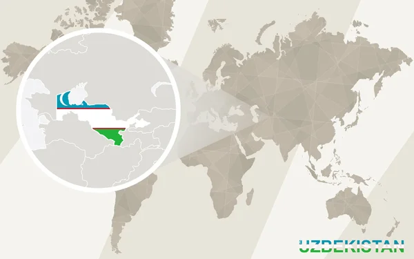 Zoom en Mapa y Bandera de Uzbekistán. Mapa del mundo . — Archivo Imágenes Vectoriales