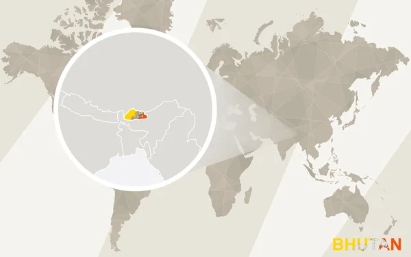 Zoom en Mapa y Bandera de Bután. Mapa del mundo . — Archivo Imágenes Vectoriales