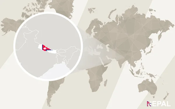 Zoom en Nepal Mapa y Bandera. Mapa del mundo . — Vector de stock