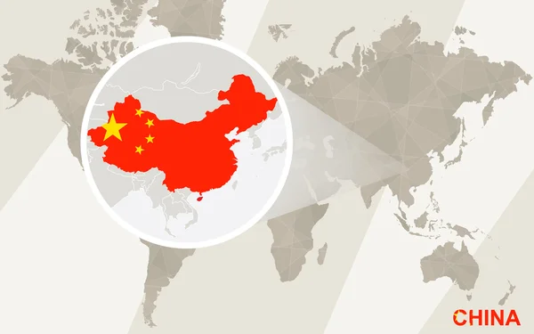 중국 지도 플래그에 확대. 세계 지도. — 스톡 벡터