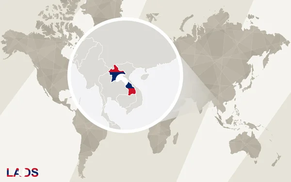 Zoom en Mapa y Bandera de Laos. Mapa del mundo . — Archivo Imágenes Vectoriales