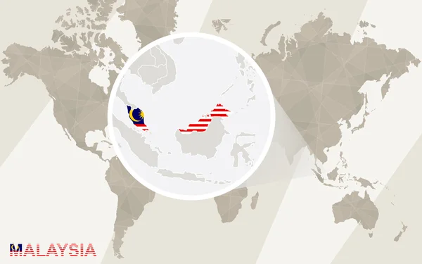 Zoom en Malasia Mapa y Bandera. Mapa del mundo . — Archivo Imágenes Vectoriales