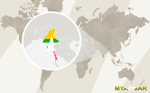 Zoom on Myanmar Map and Flag. World Map.