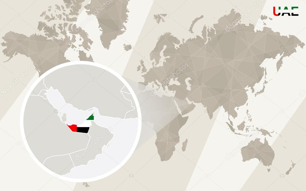 Zoom on United Arab Emirates Map and Flag. World Map.