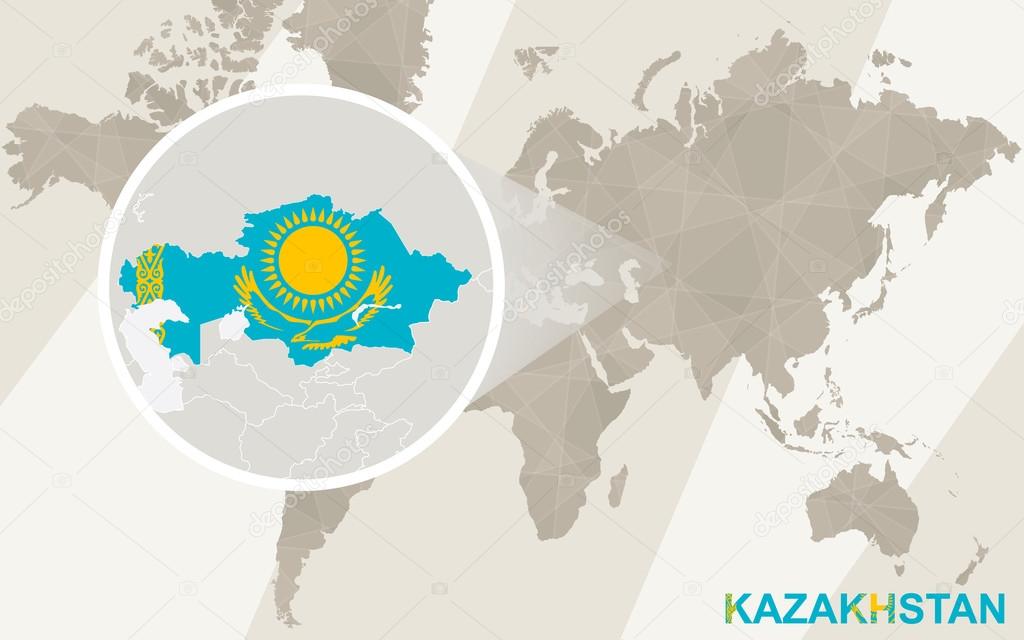 Zoom on Kazakhstan Map and Flag. World Map.