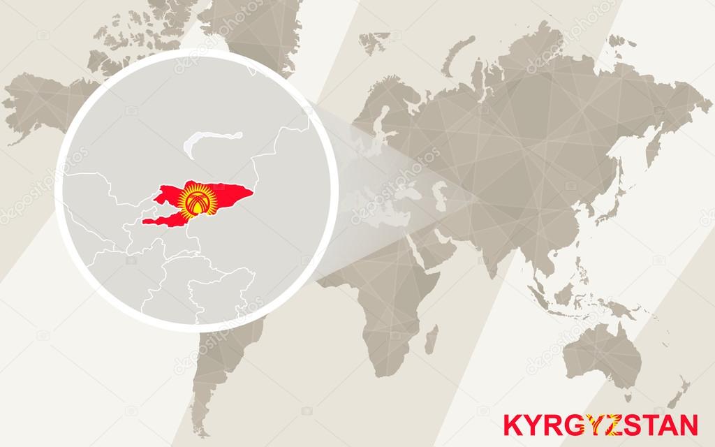 Zoom on Kyrgyzstan Map and Flag. World Map.
