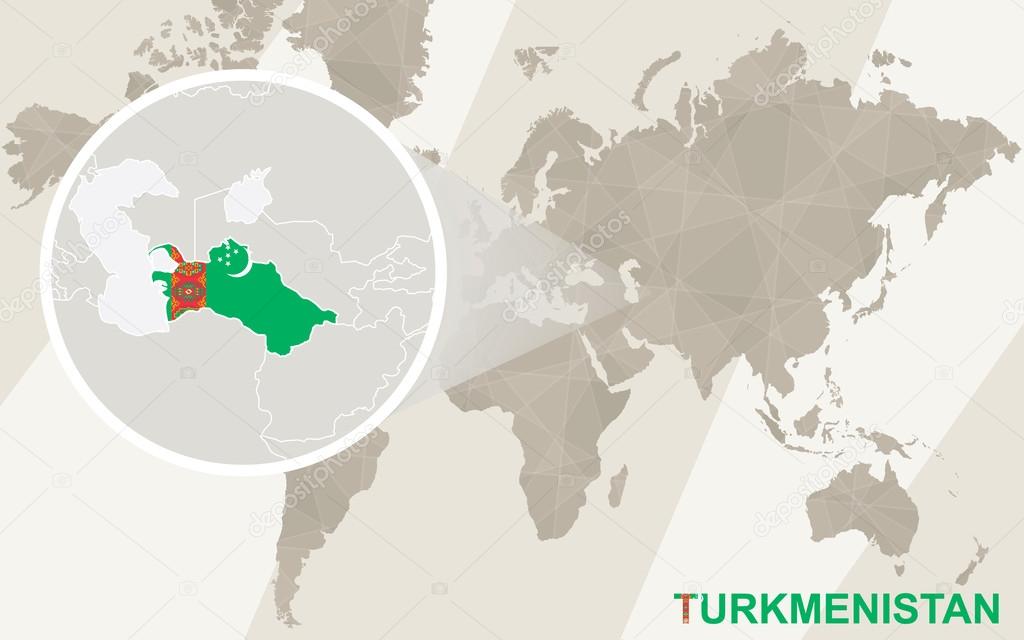 Zoom on Turkmenistan Map and Flag. World Map.